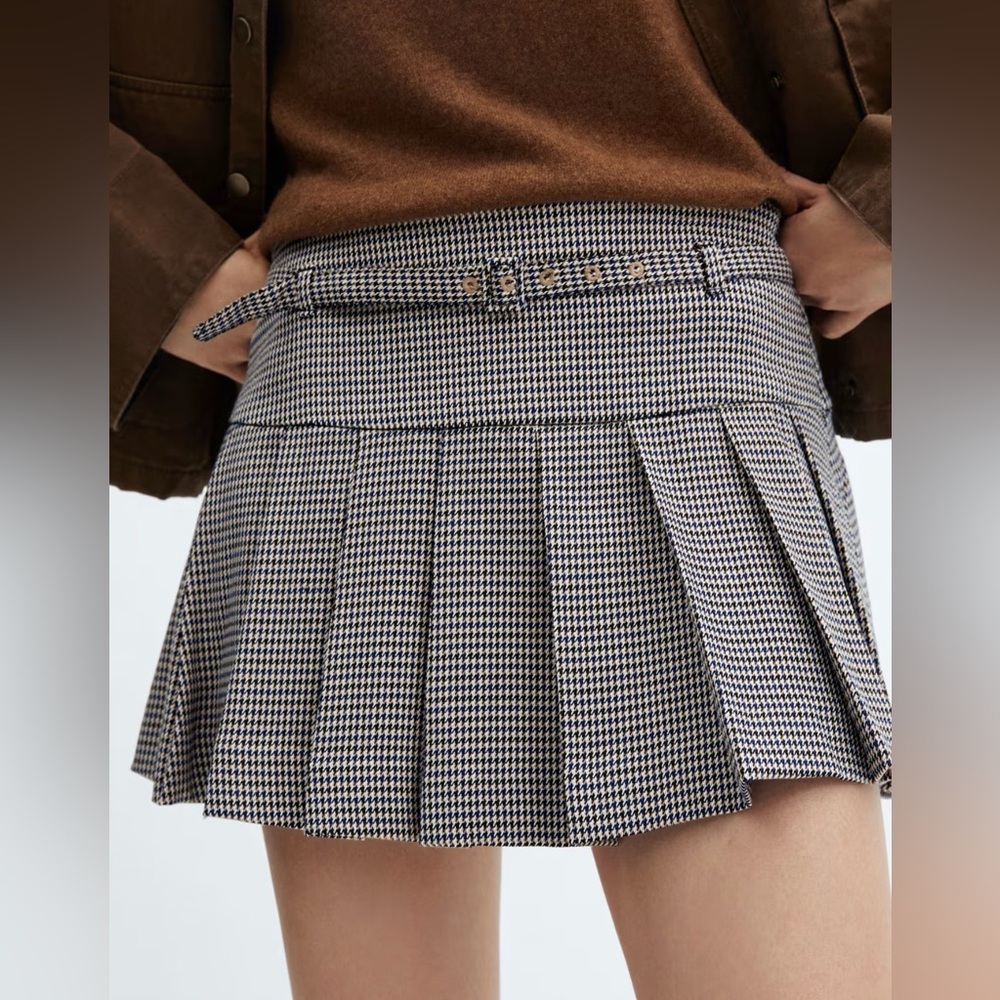 NWT MANGO Pleated Houndstooth Belt Mini Skirt | XS